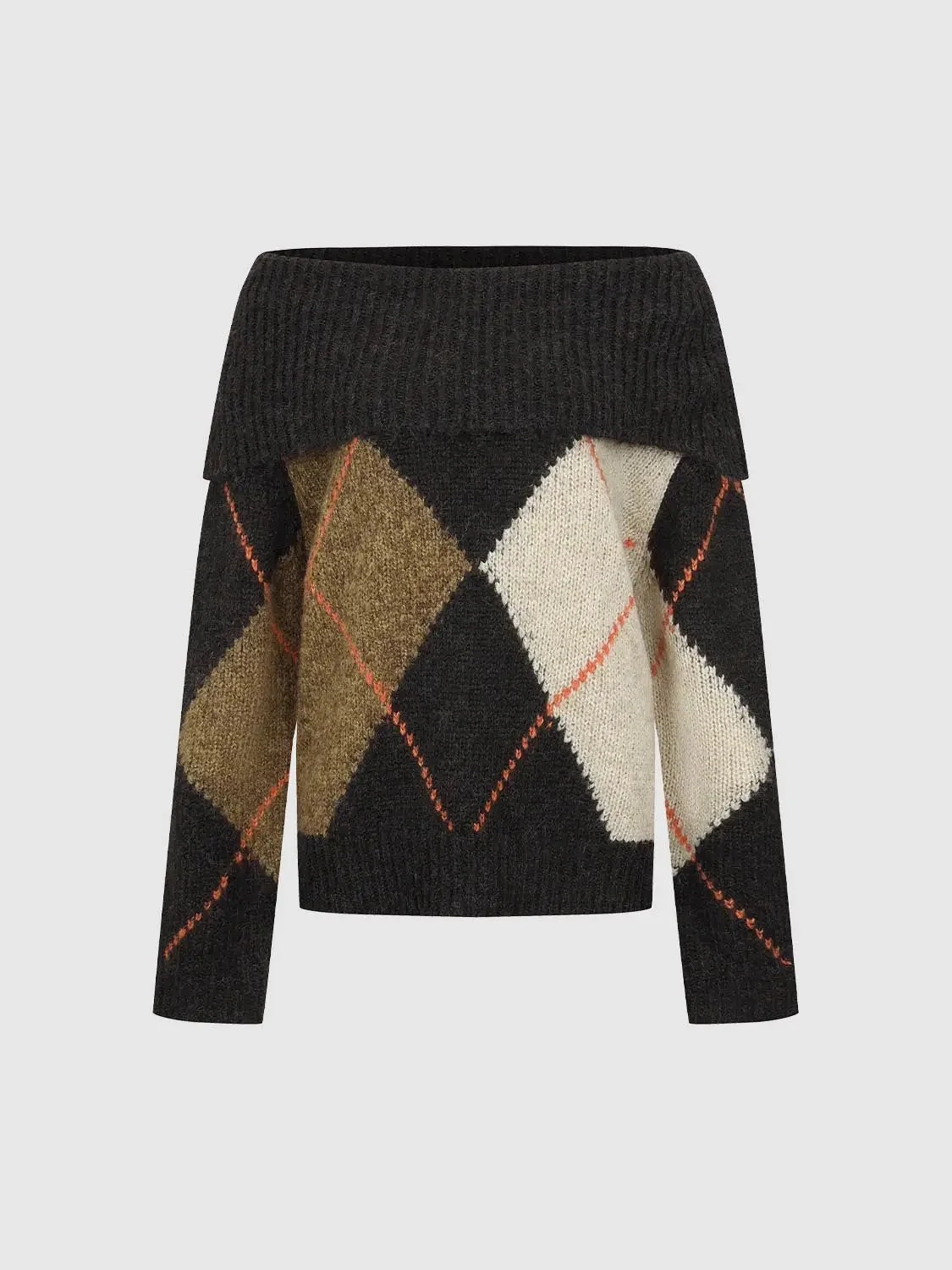 Off Shoulder Folded Argyle Long Sleeve Knitted T-Shirts