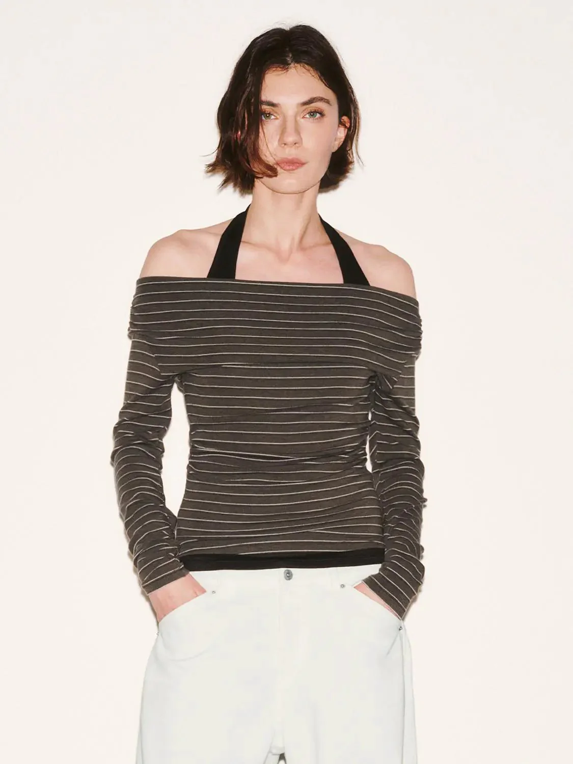 Cotton Blend Ruched Striped Long Sleeve T Shirts