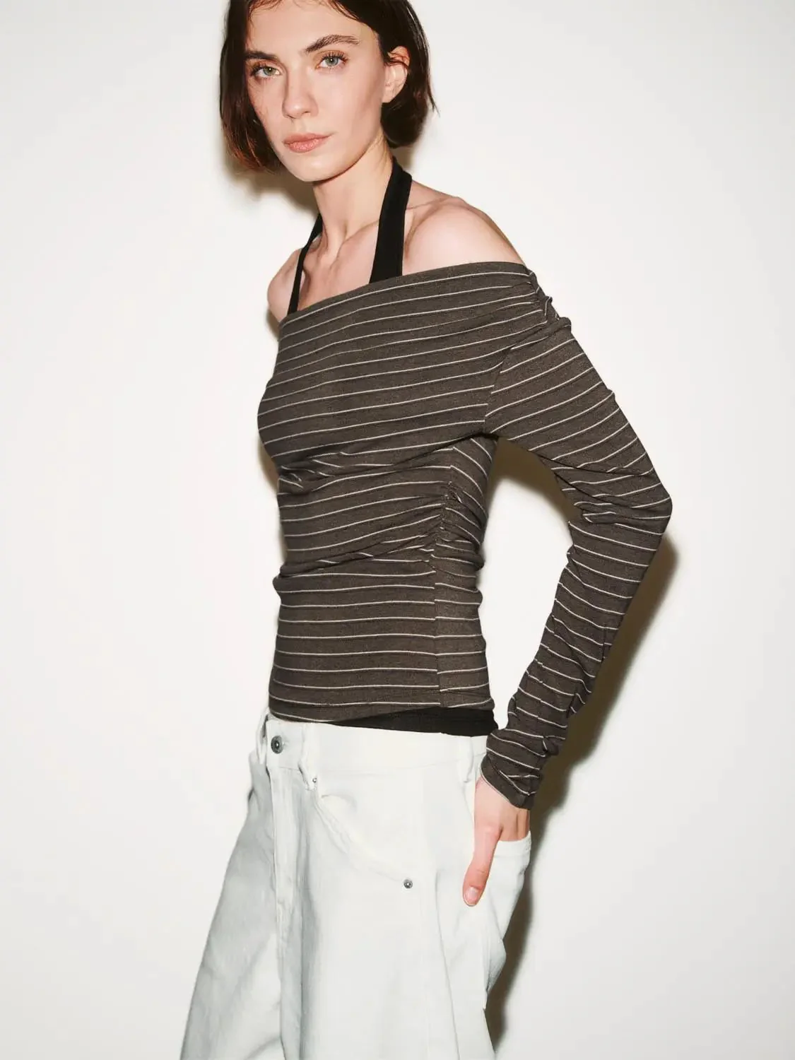 Cotton Blend Ruched Striped Long Sleeve T Shirts
