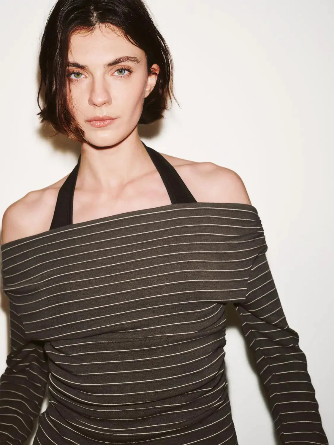 Cotton Blend Ruched Striped Long Sleeve T Shirts