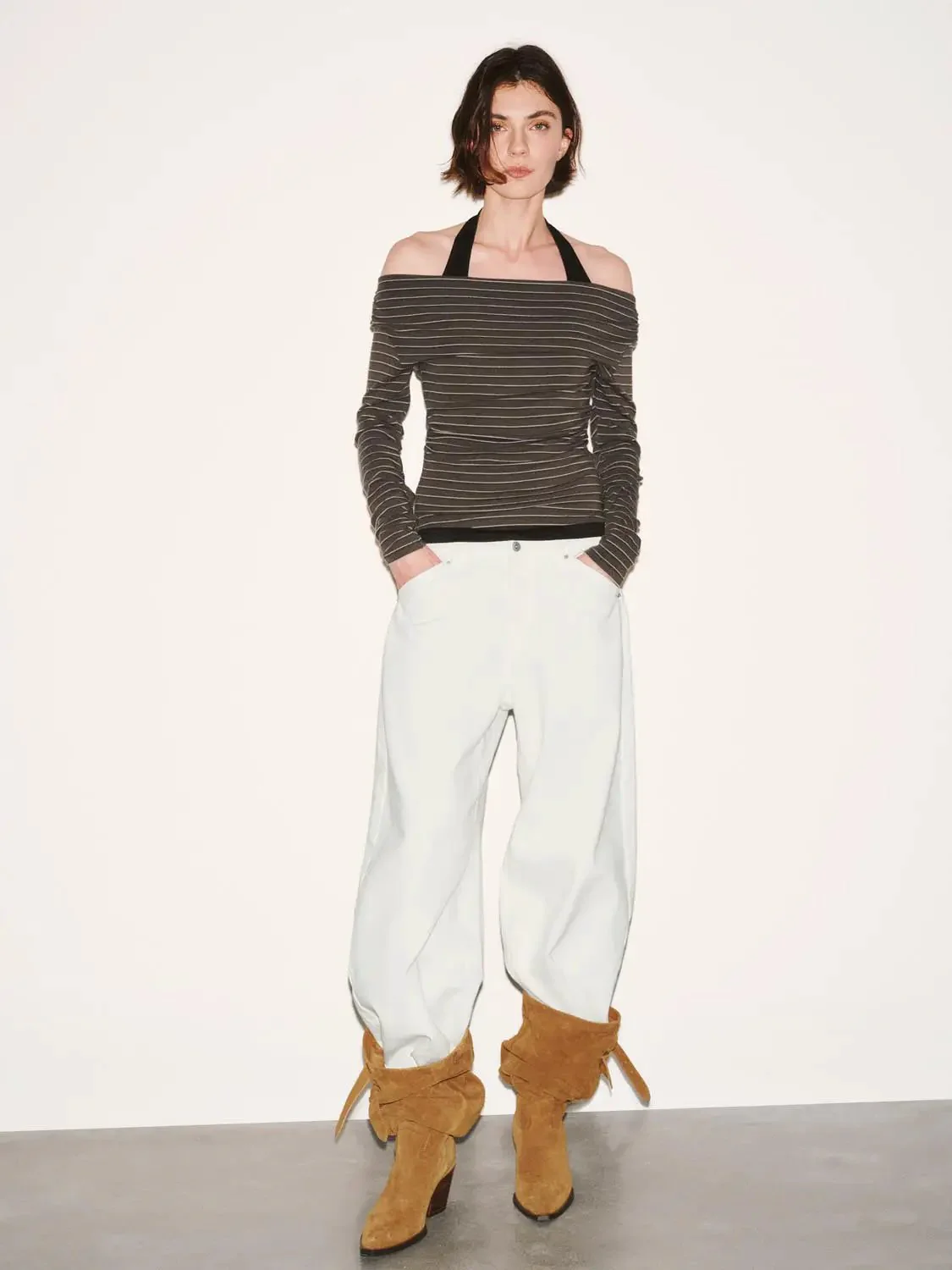 Cotton Blend Ruched Striped Long Sleeve T Shirts