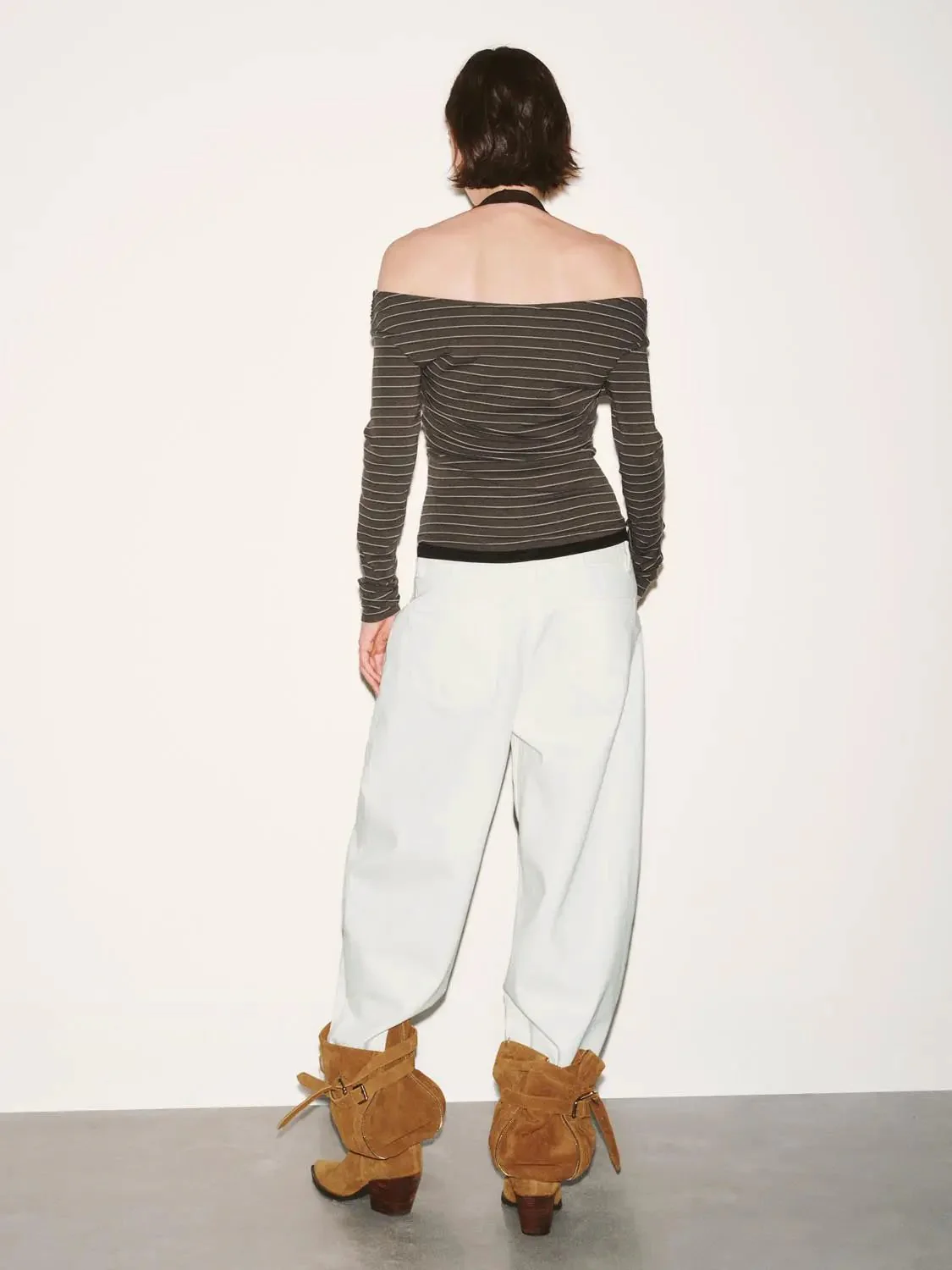 Cotton Blend Ruched Striped Long Sleeve T Shirts