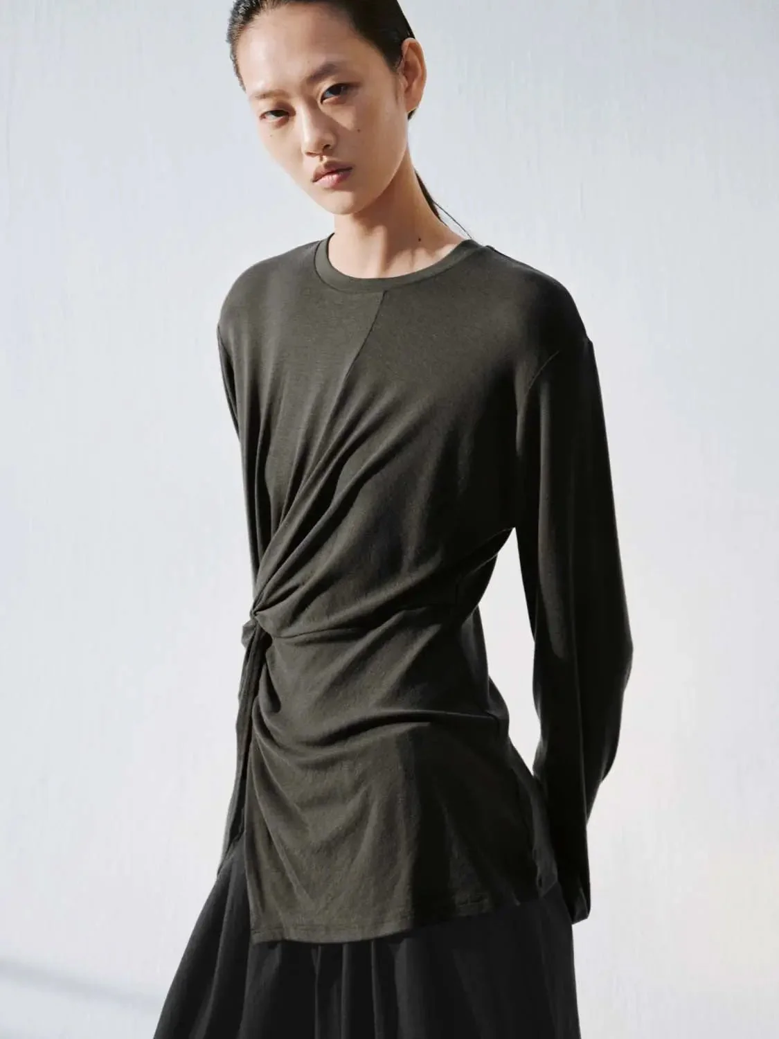 Knot Front Lyocell Wool Blend Crew Neck Long Sleeve T Shirts