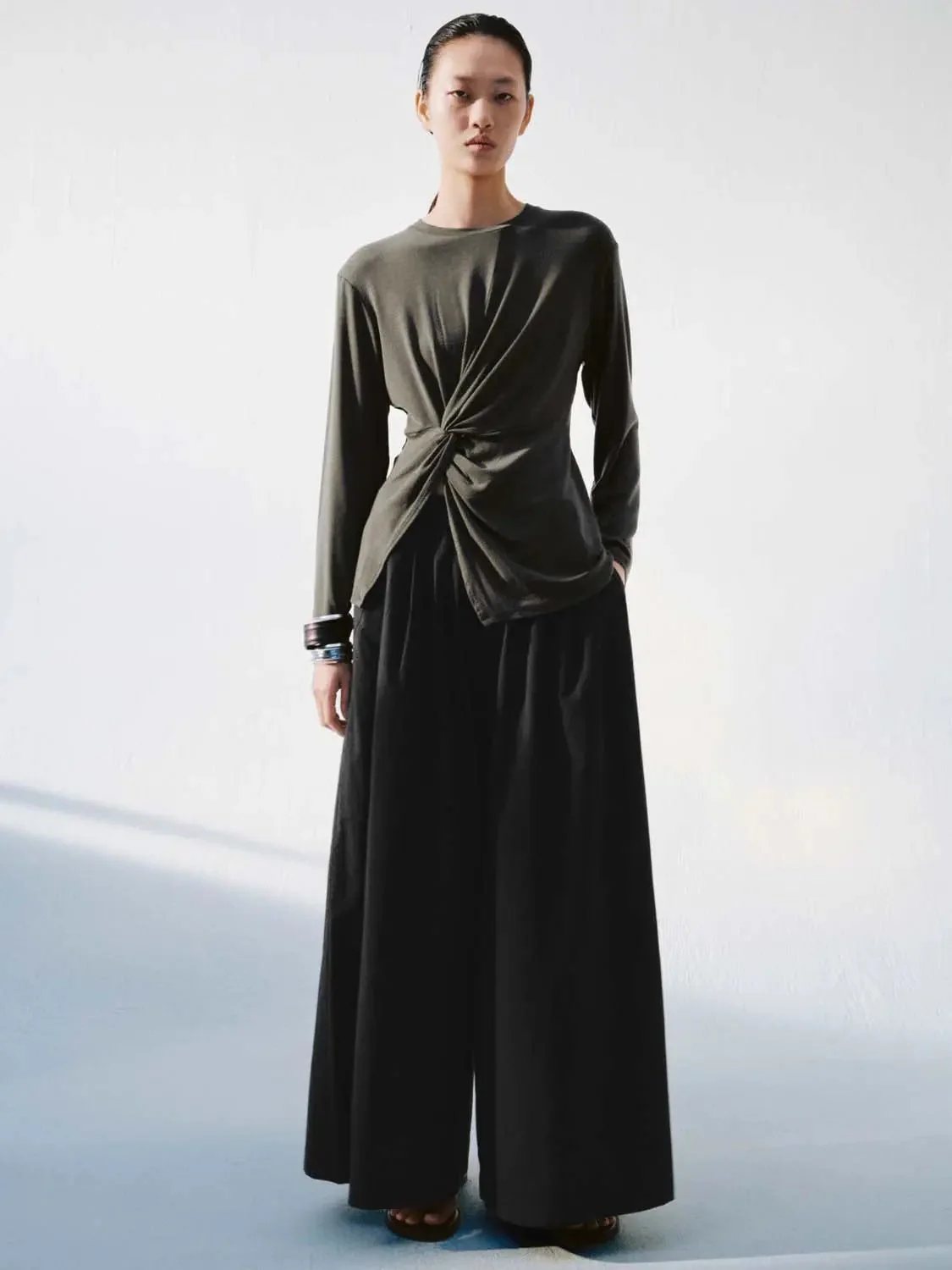 Knot Front Lyocell Wool Blend Crew Neck Long Sleeve T Shirts