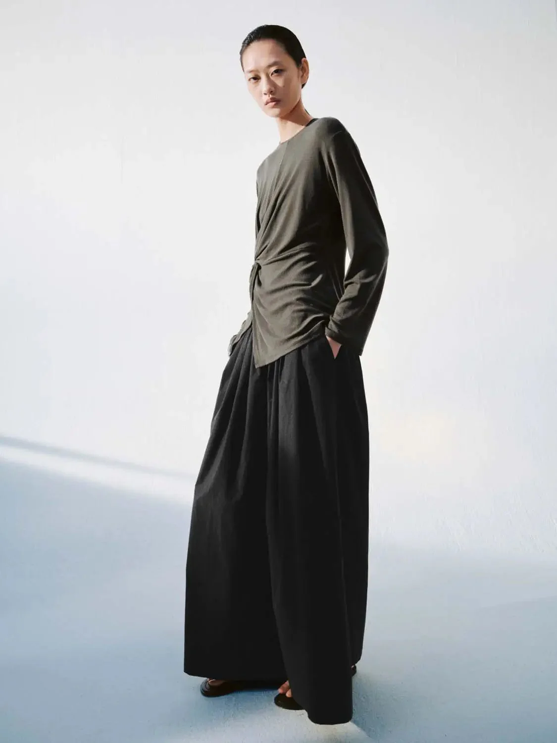 Knot Front Lyocell Wool Blend Crew Neck Long Sleeve T Shirts