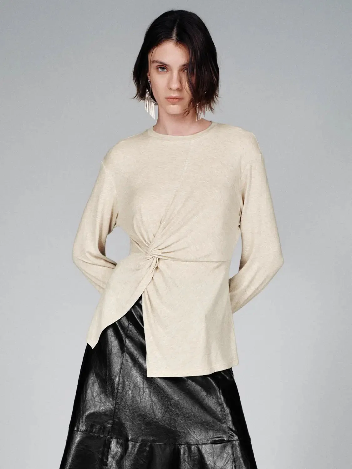 Knot Front Lyocell Wool Blend Crew Neck Long Sleeve T Shirts