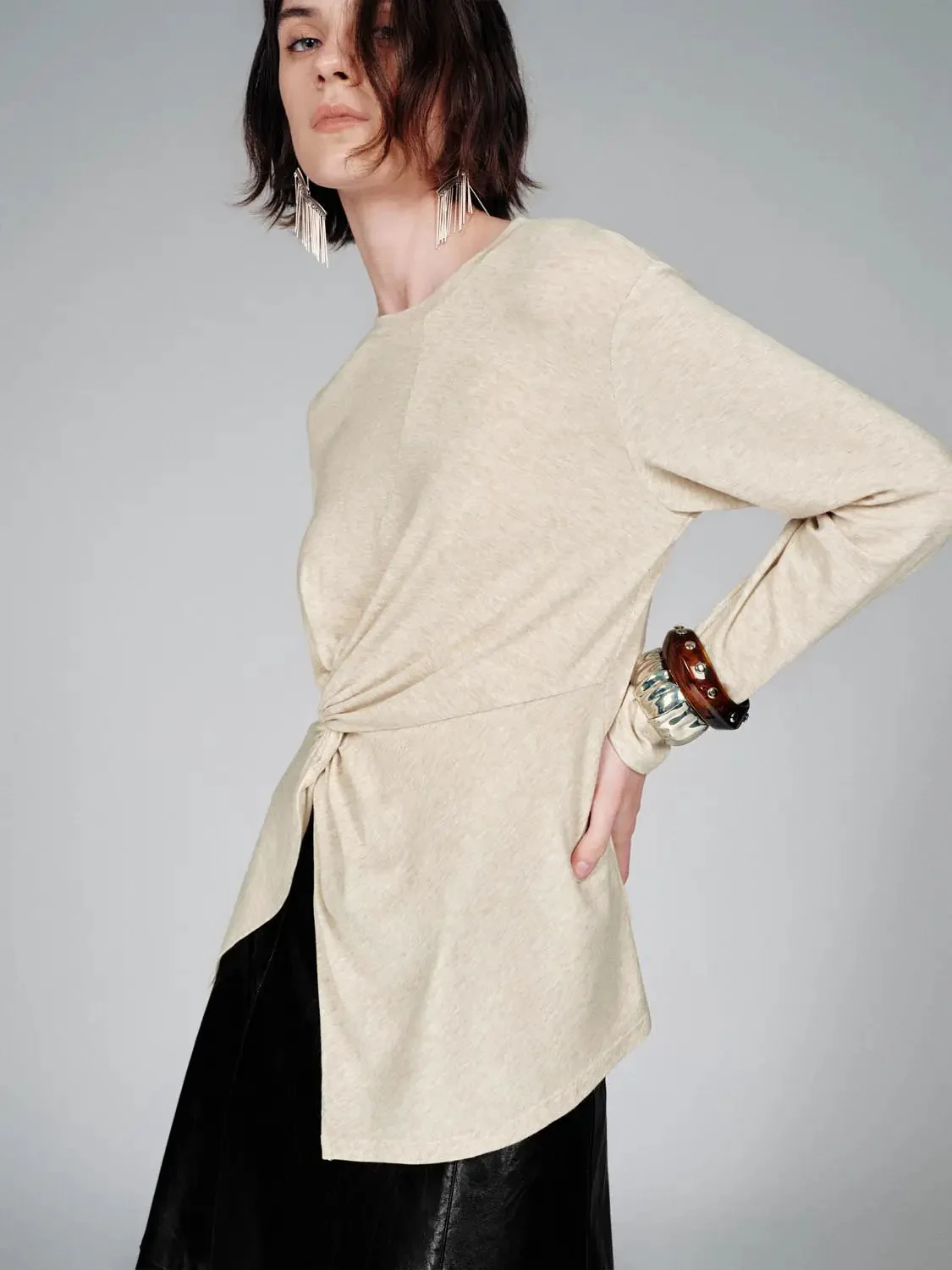 Knot Front Lyocell Wool Blend Crew Neck Long Sleeve T Shirts