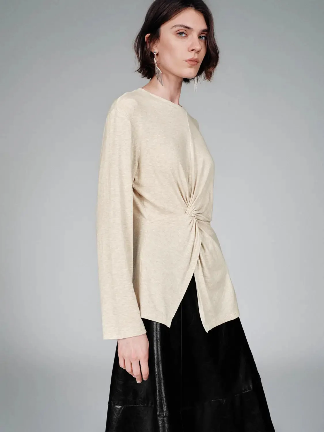 Knot Front Lyocell Wool Blend Crew Neck Long Sleeve T Shirts