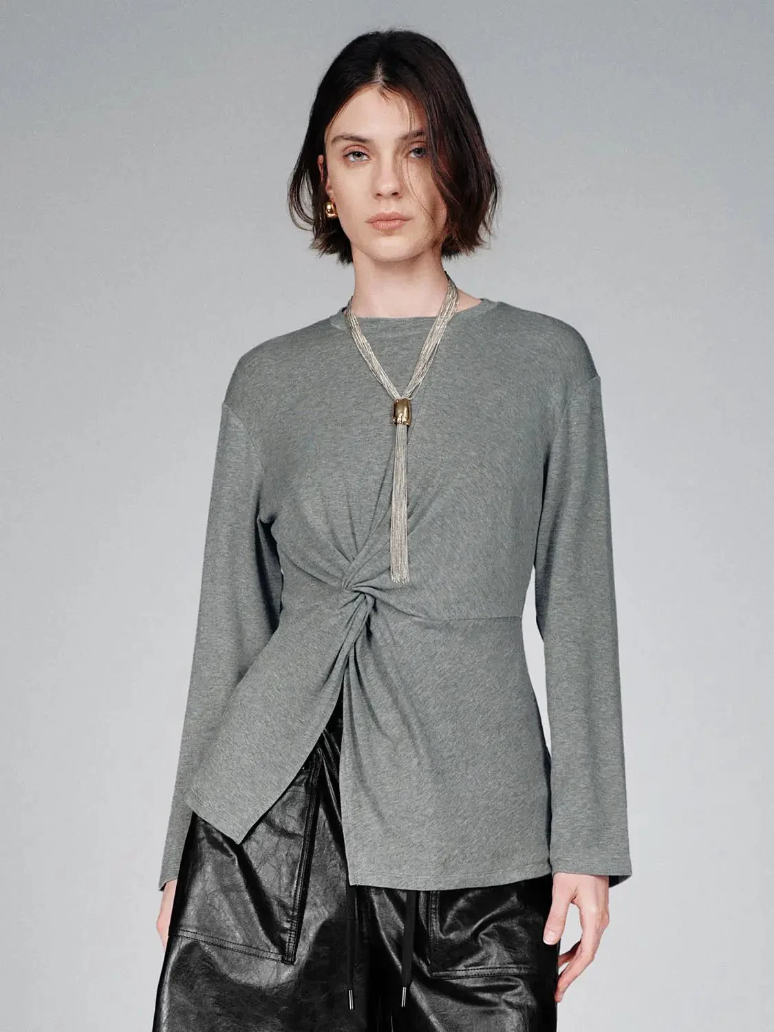 Knot Front Lyocell Wool Blend Crew Neck Long Sleeve T Shirts