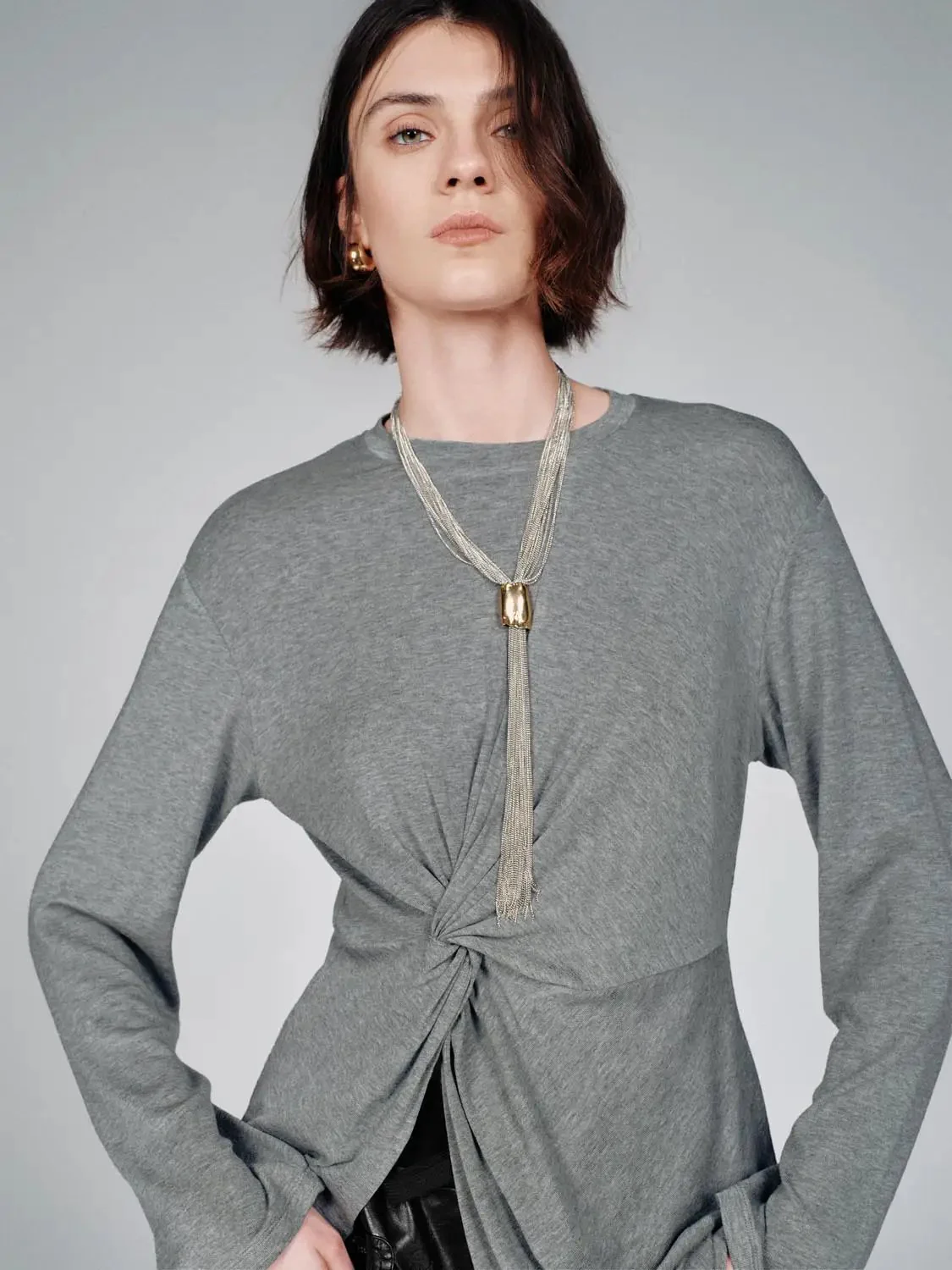 Knot Front Lyocell Wool Blend Crew Neck Long Sleeve T Shirts