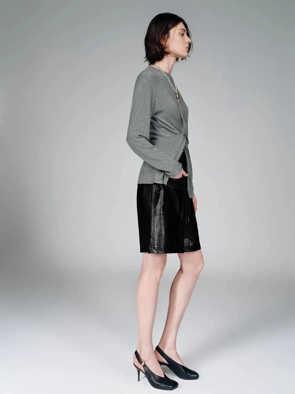 Knot Front Lyocell Wool Blend Crew Neck Long Sleeve T Shirts