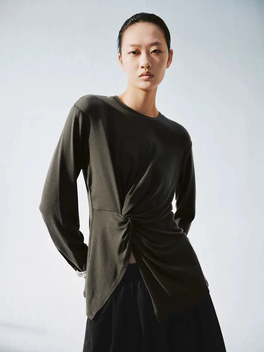 Knot Front Lyocell Wool Blend Crew Neck Long Sleeve T Shirts
