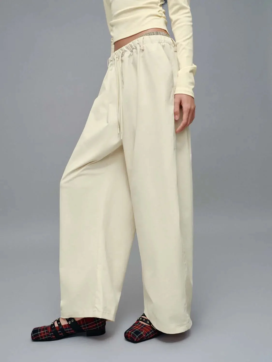 Contrast Hem Drawstring Pull On Barrel Leg Pants