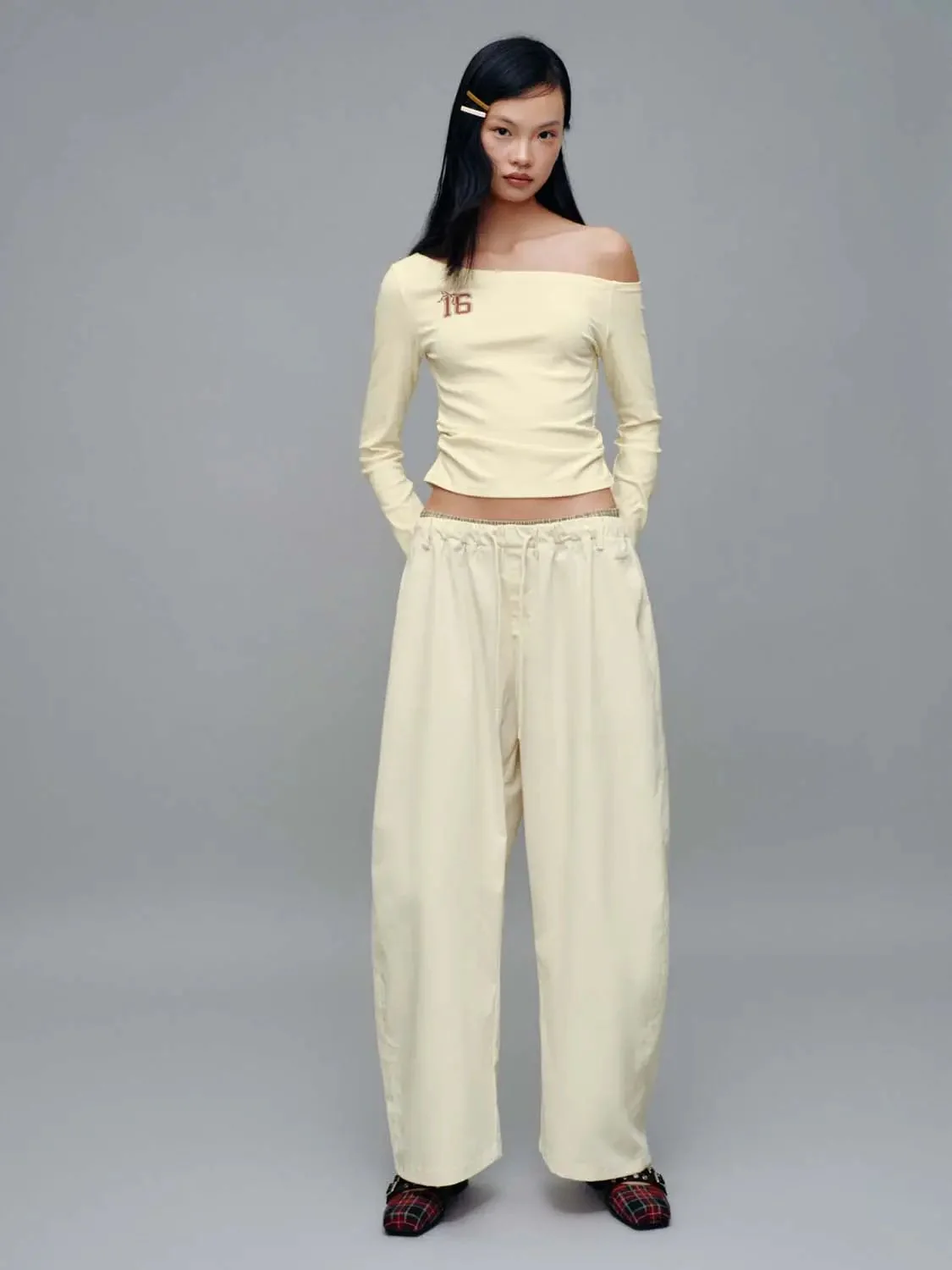 Contrast Hem Drawstring Pull On Barrel Leg Pants