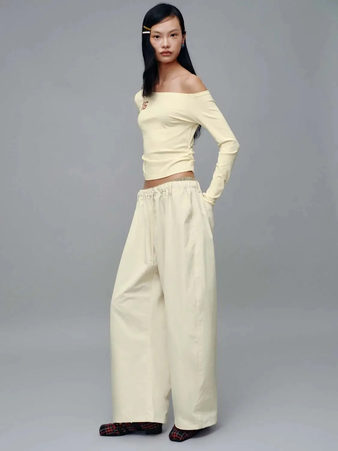 Contrast Hem Drawstring Pull On Barrel Leg Pants