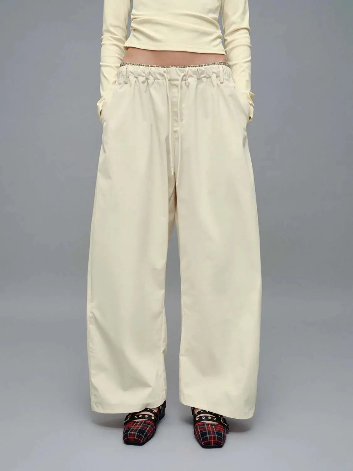 Contrast Hem Drawstring Pull On Barrel Leg Pants
