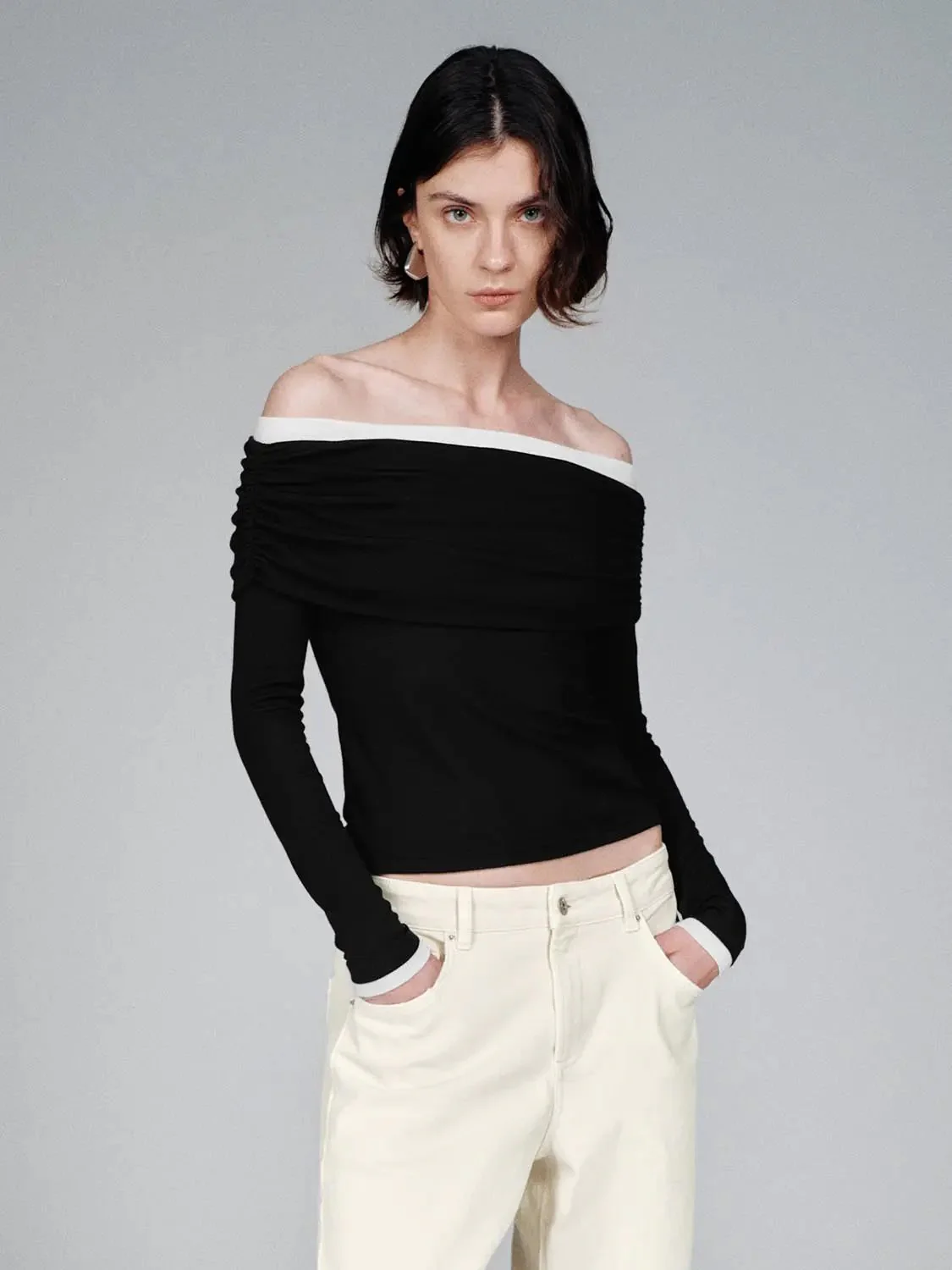 23303-lyocell-wool-blend-off-shoulder-ruched-top-1.webp Lyocell Wool Blend Off Shoulder Ruched Top