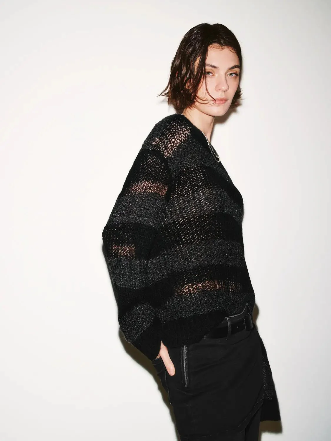 Open Knit Boat Neck With Sheer Mesh Lightweight Top