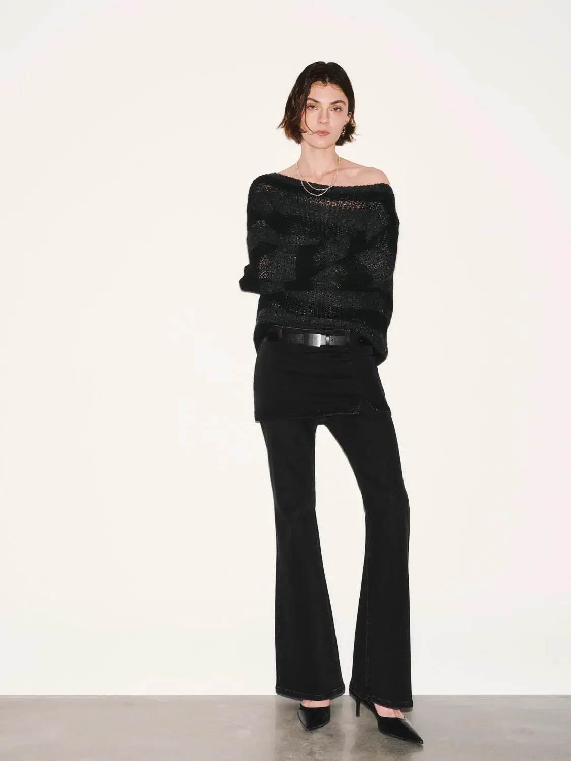 Open Knit Boat Neck With Sheer Mesh Lightweight Top