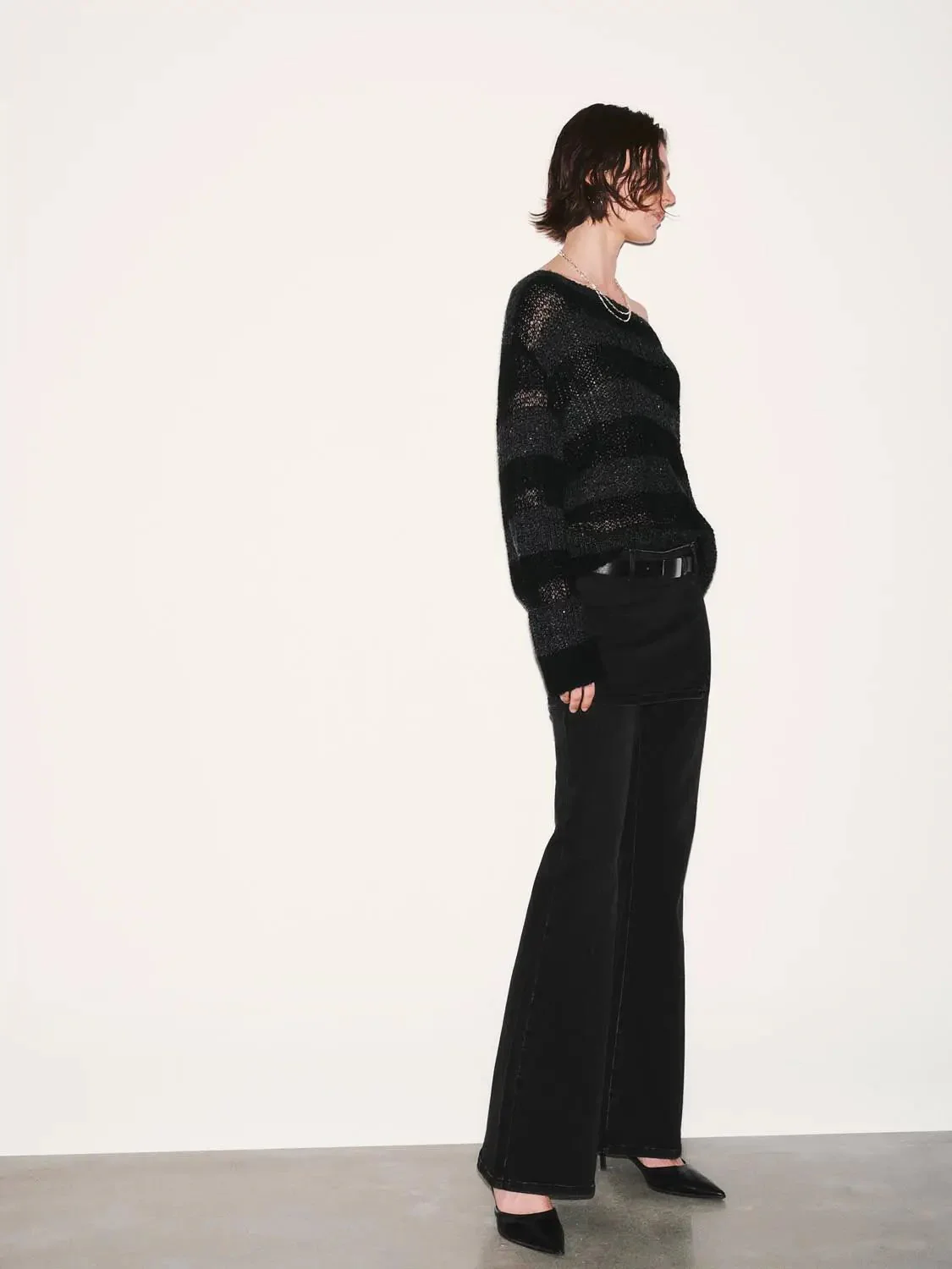 Open Knit Boat Neck With Sheer Mesh Lightweight Top