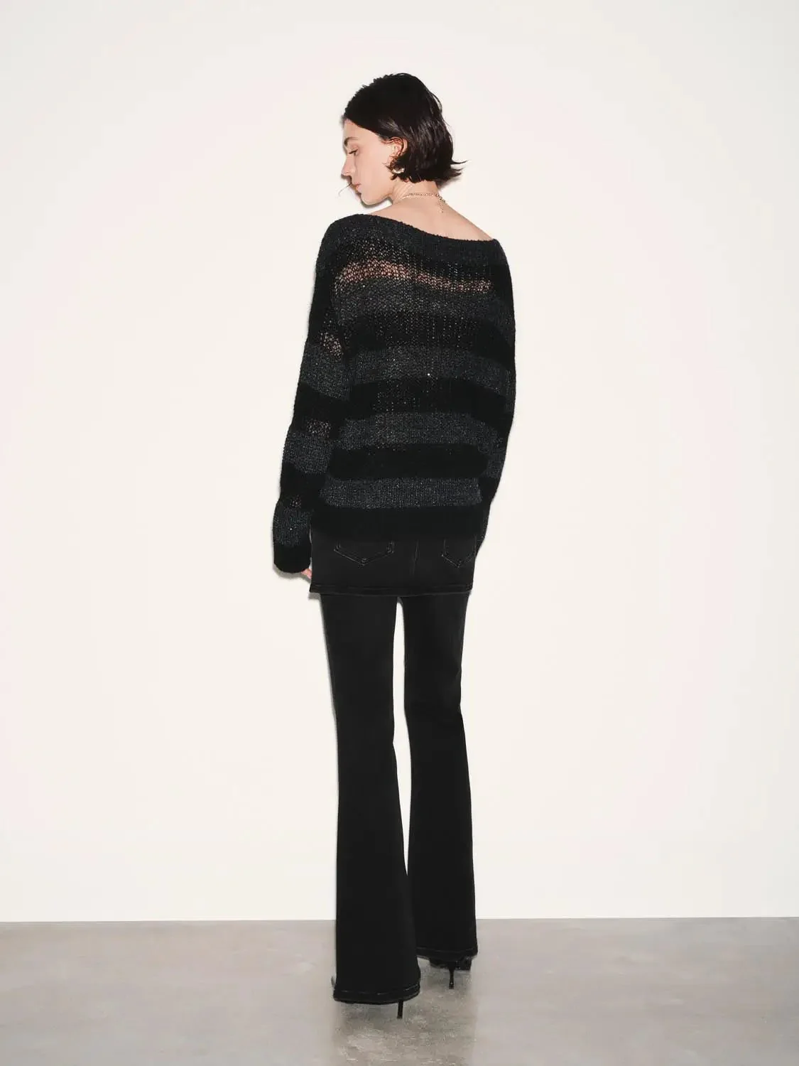 Open Knit Boat Neck With Sheer Mesh Lightweight Top