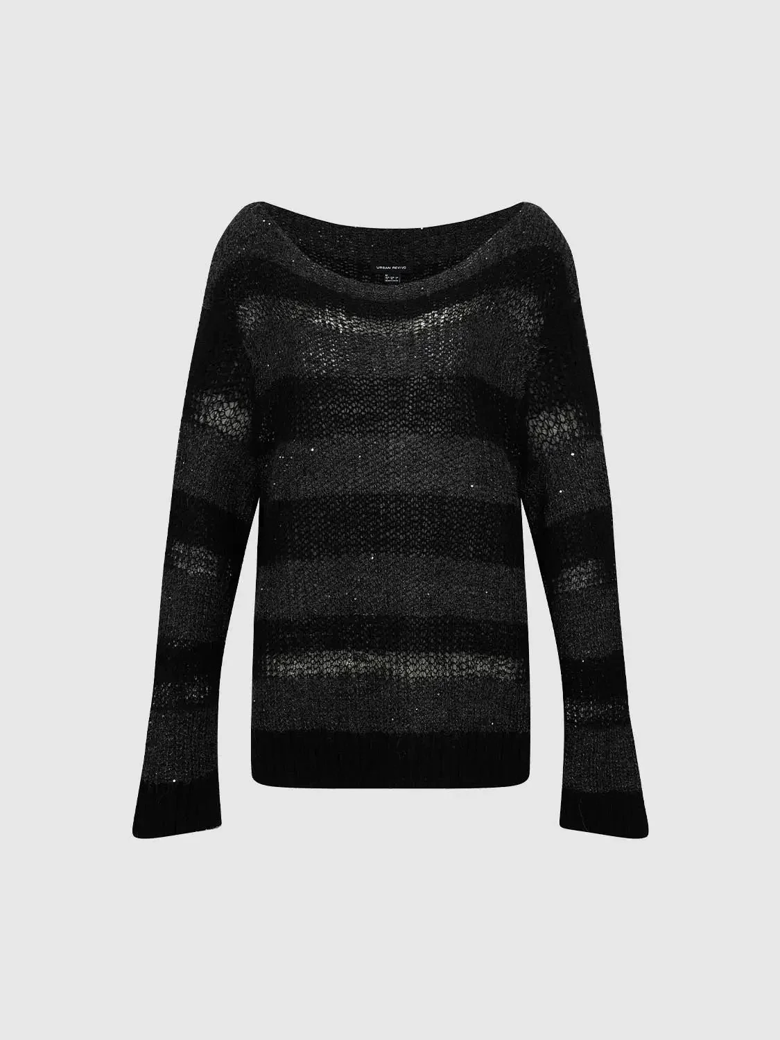 Open Knit Boat Neck With Sheer Mesh Lightweight Top