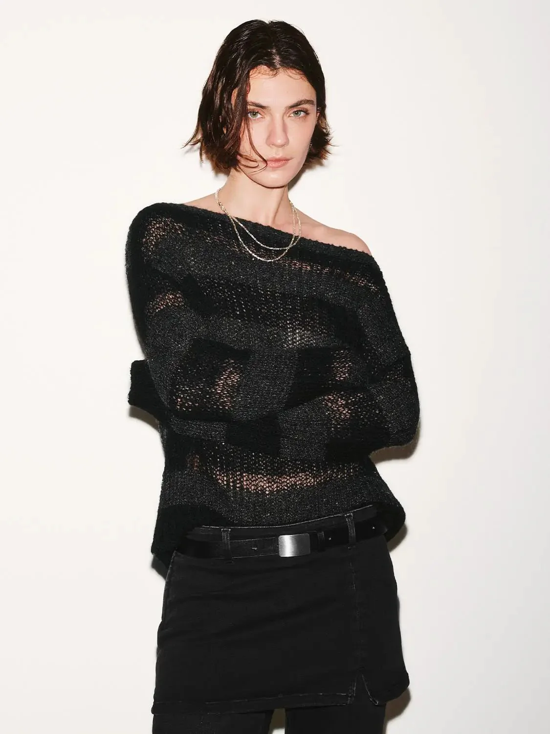 Open Knit Boat Neck With Sheer Mesh Lightweight Top