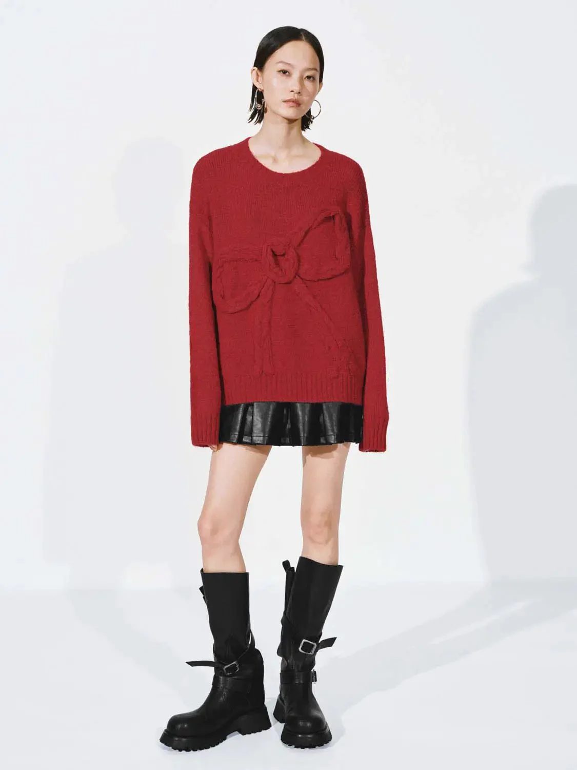 Bow Detail Long Sleeve Knitted T-Shirts