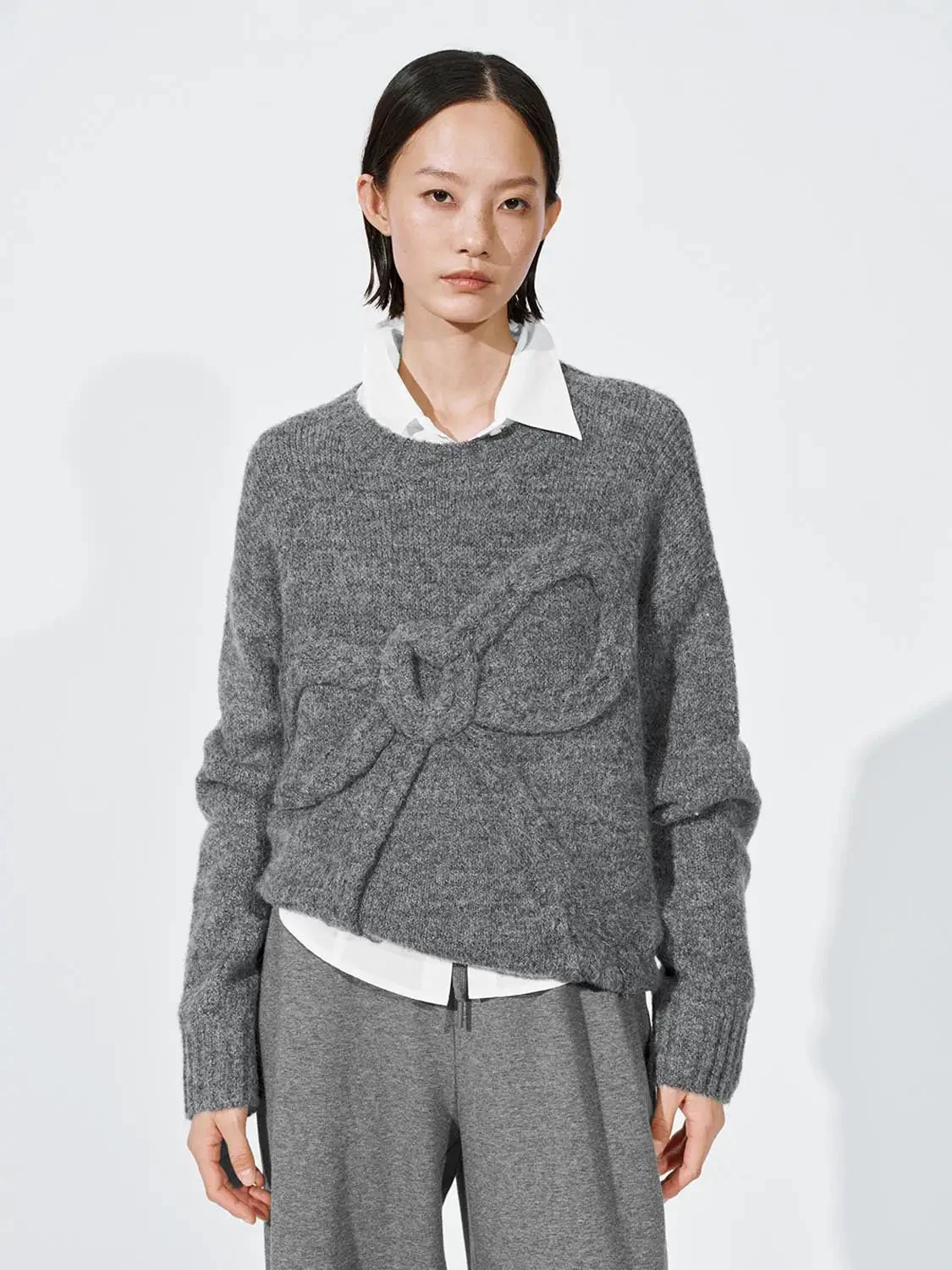 Bow Detail Long Sleeve Knitted T-Shirts