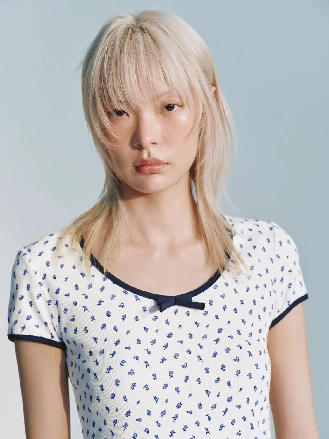 Cotton Blend Scoop Neck Dotted Bow Cropped T Shirts