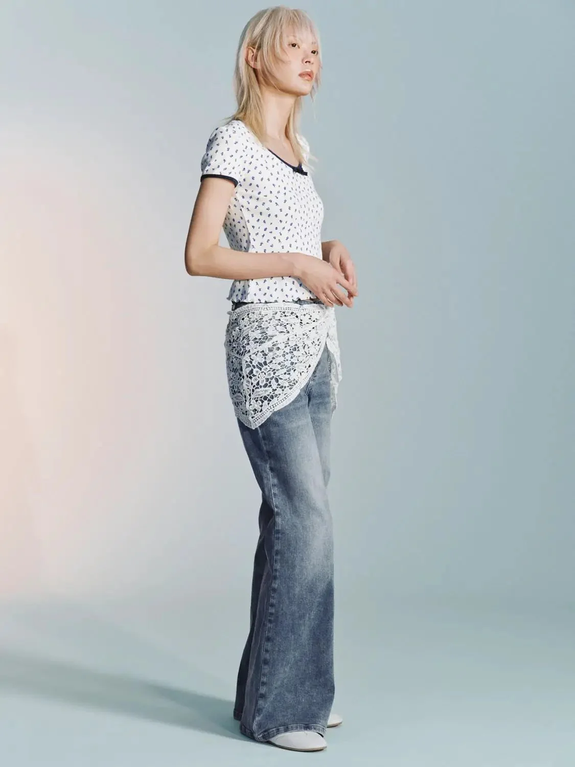 Cotton Blend Scoop Neck Dotted Bow Cropped T Shirts