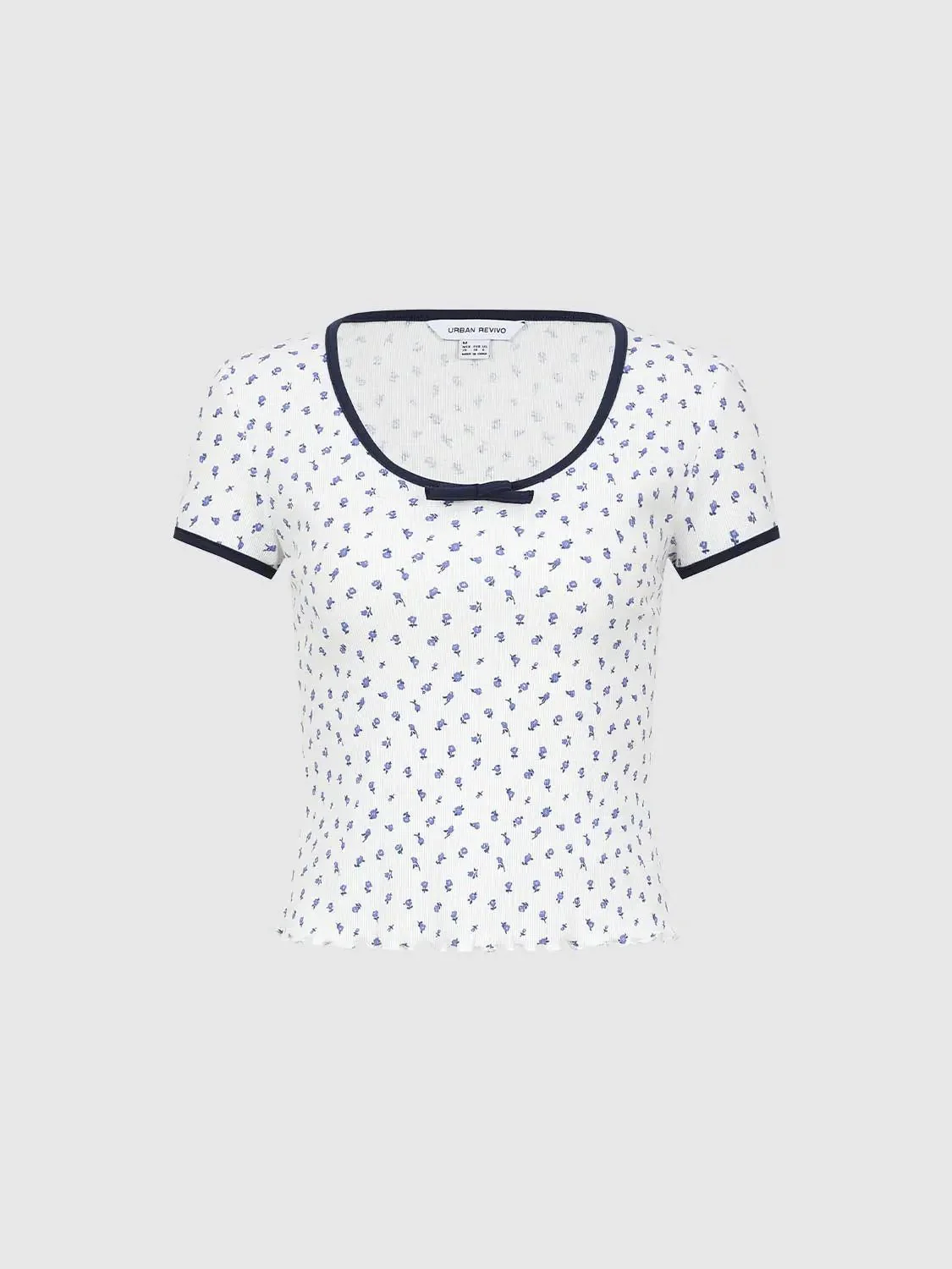 Cotton Blend Scoop Neck Dotted Bow Cropped T Shirts