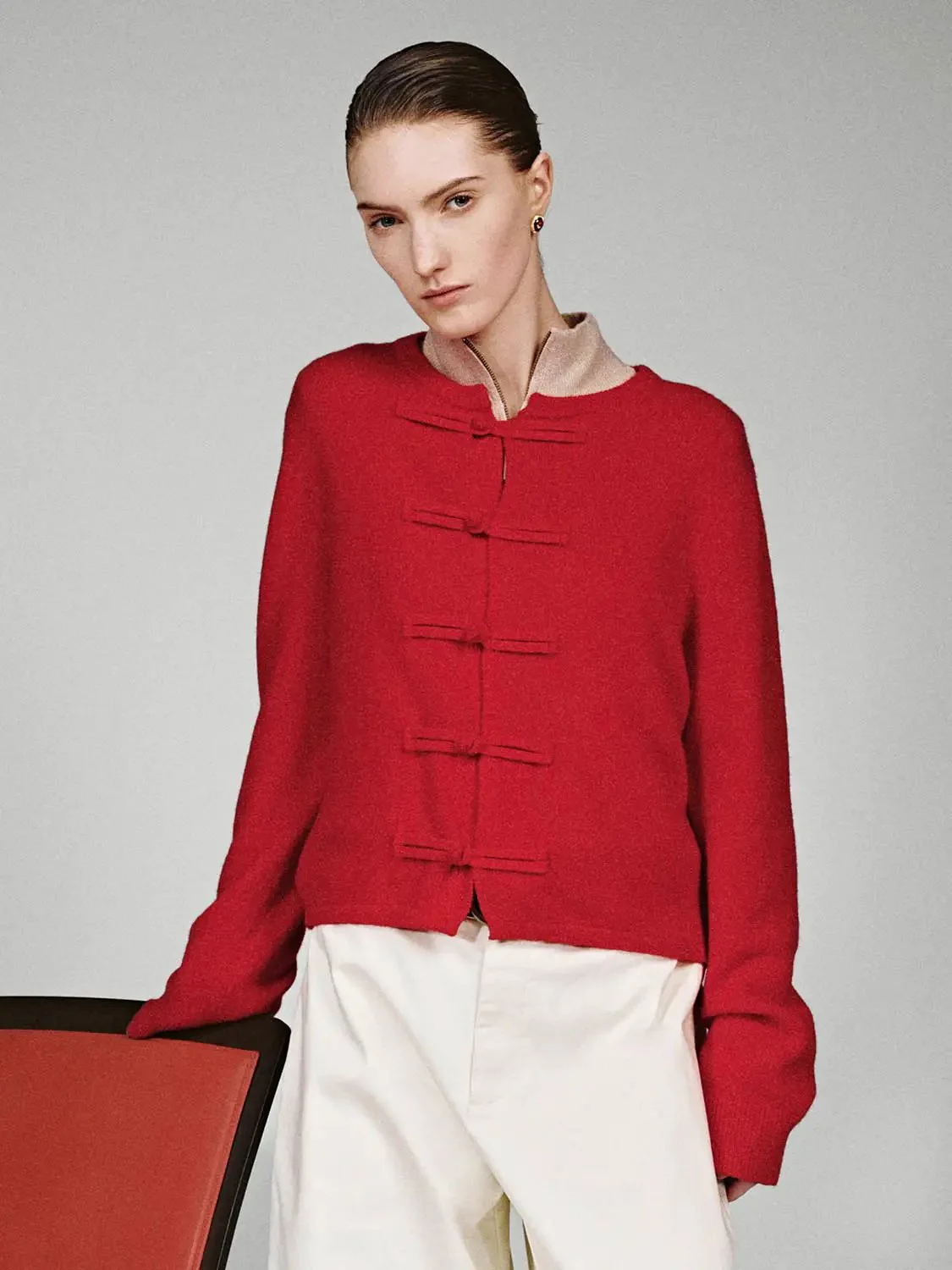 Frog Button Crew Neck Knitted Cardigans