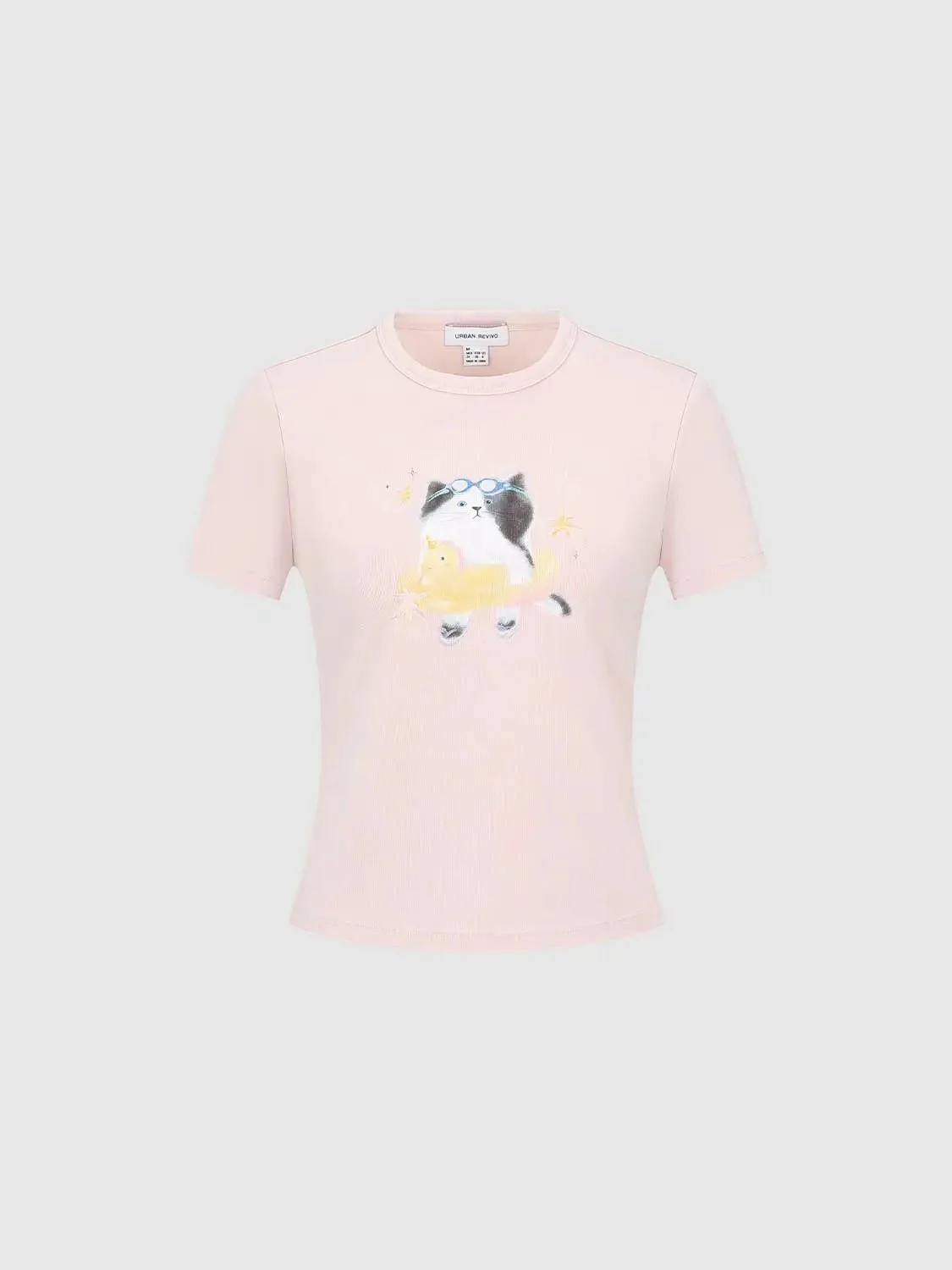 Pink Cat Print Cotton Blend Cropped T Shirt