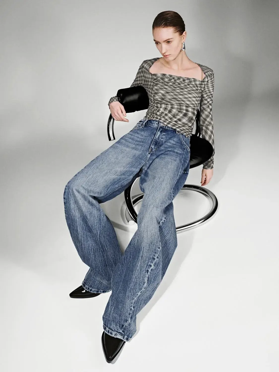 Square Neck Check Long Sleeve Stretch Elegant T Shirt