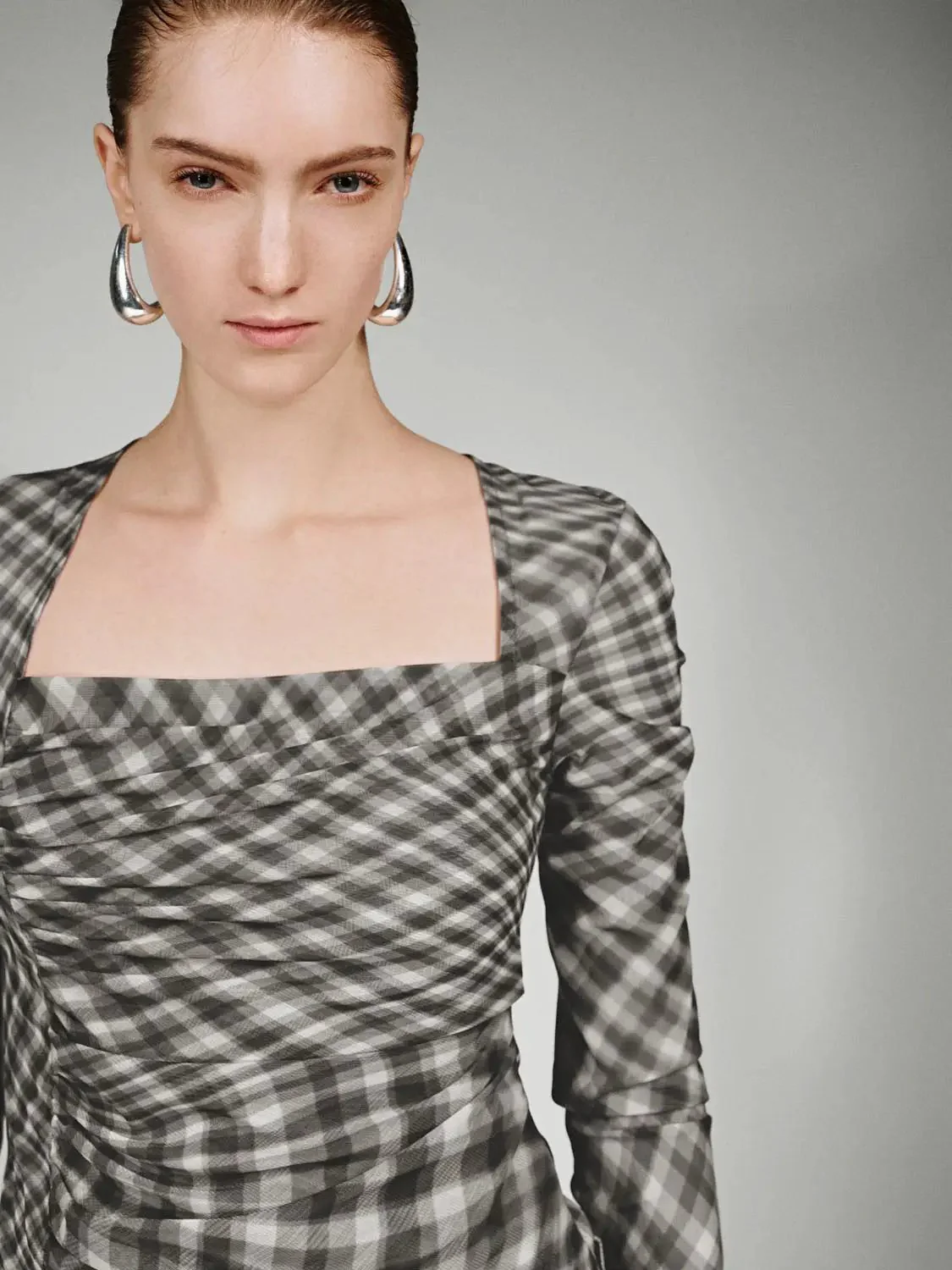 Square Neck Check Long Sleeve Stretch Elegant T Shirt