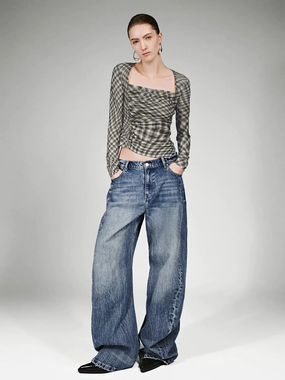 Square Neck Check Long Sleeve Stretch Elegant T Shirt