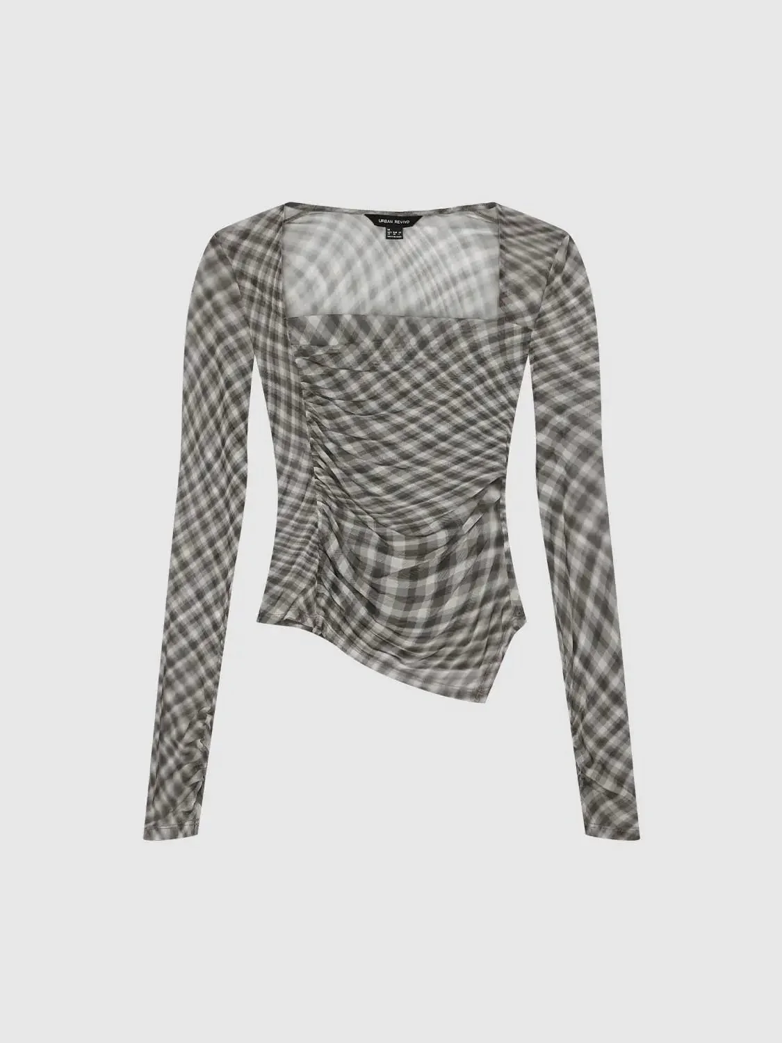 Square Neck Check Long Sleeve Stretch Elegant T Shirt