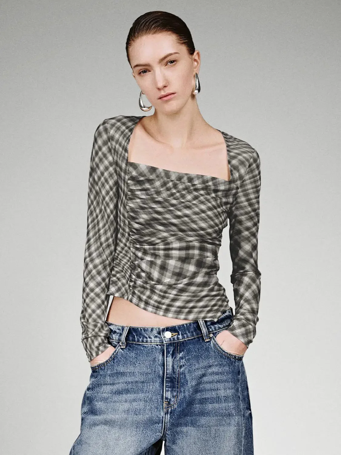 Square Neck Check Long Sleeve Stretch Elegant T Shirt