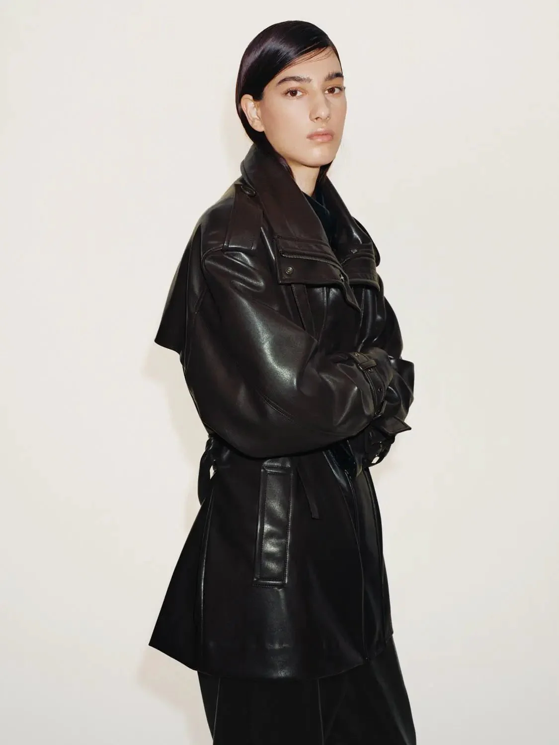 Faux Leather Funnel Neck Belted Trench Coats
