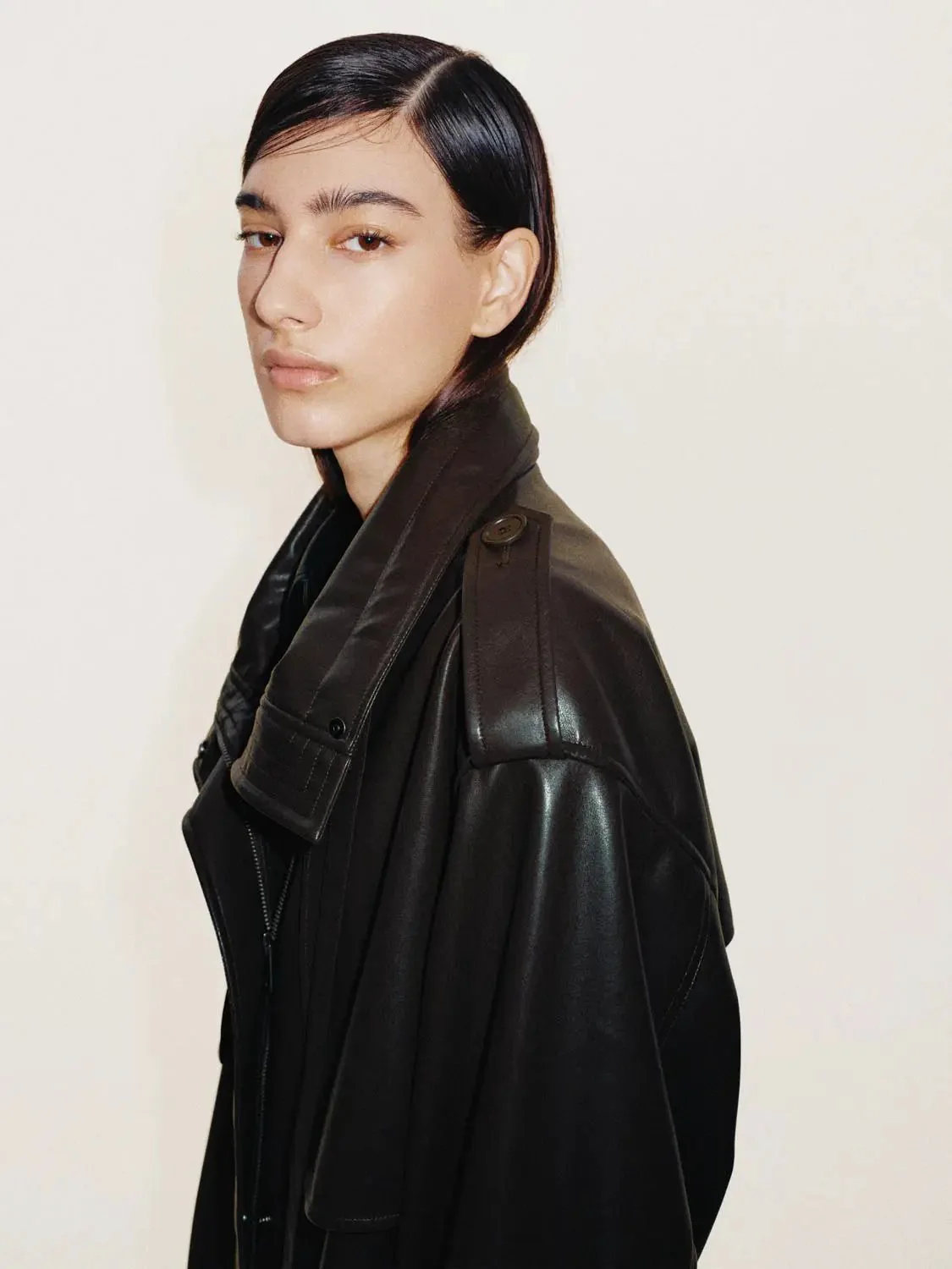Faux Leather Funnel Neck Belted Trench Coats