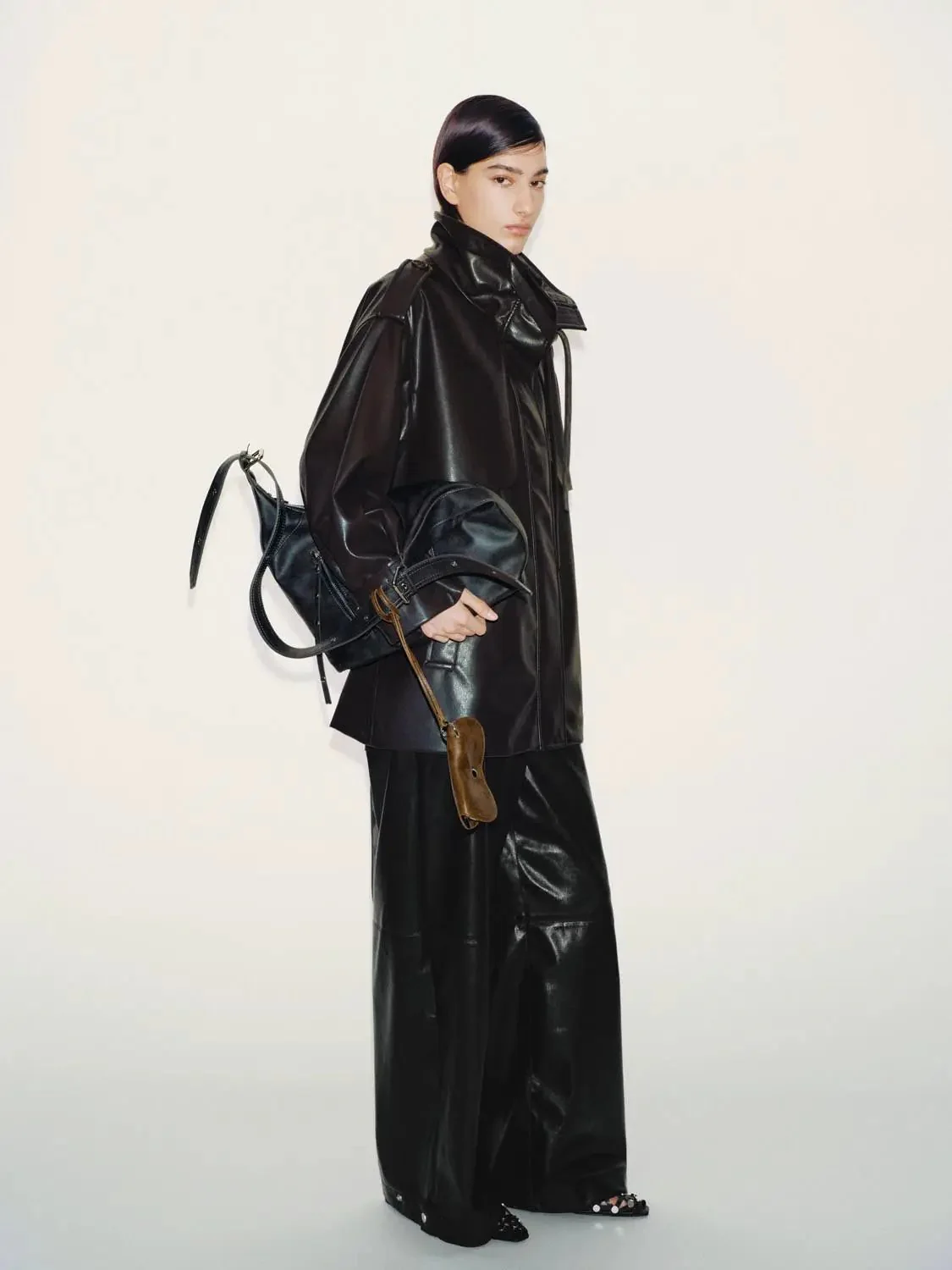 Faux Leather Funnel Neck Belted Trench Coats