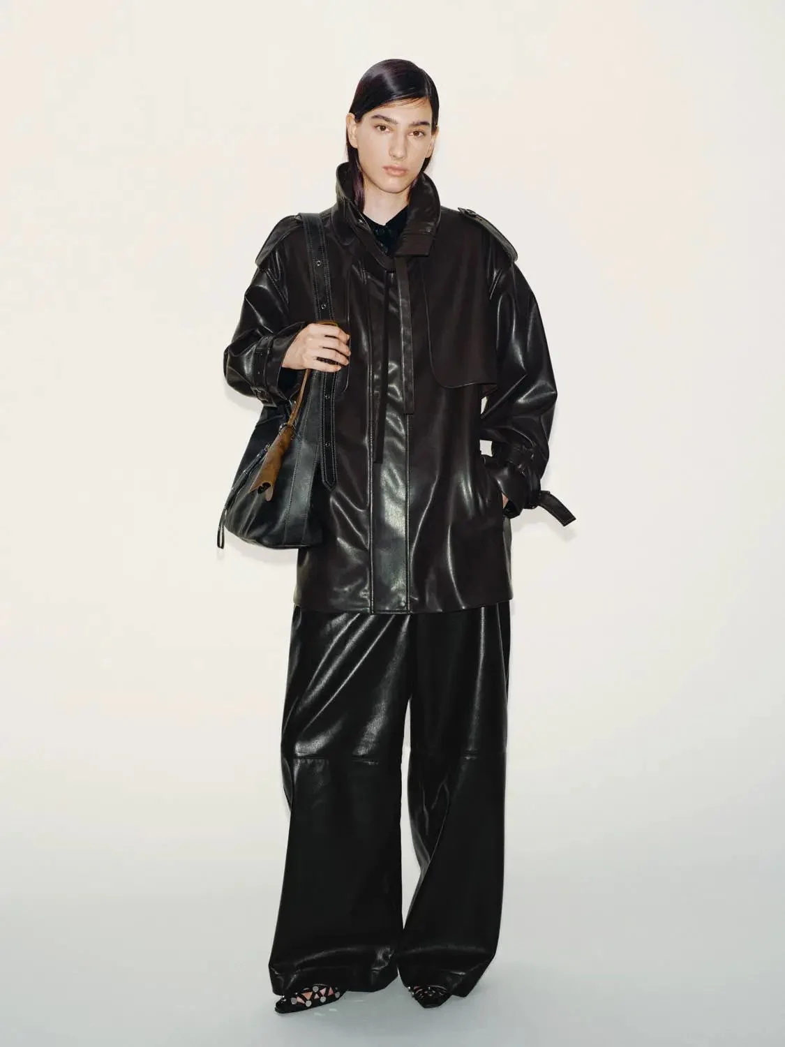 Faux Leather Funnel Neck Belted Trench Coats