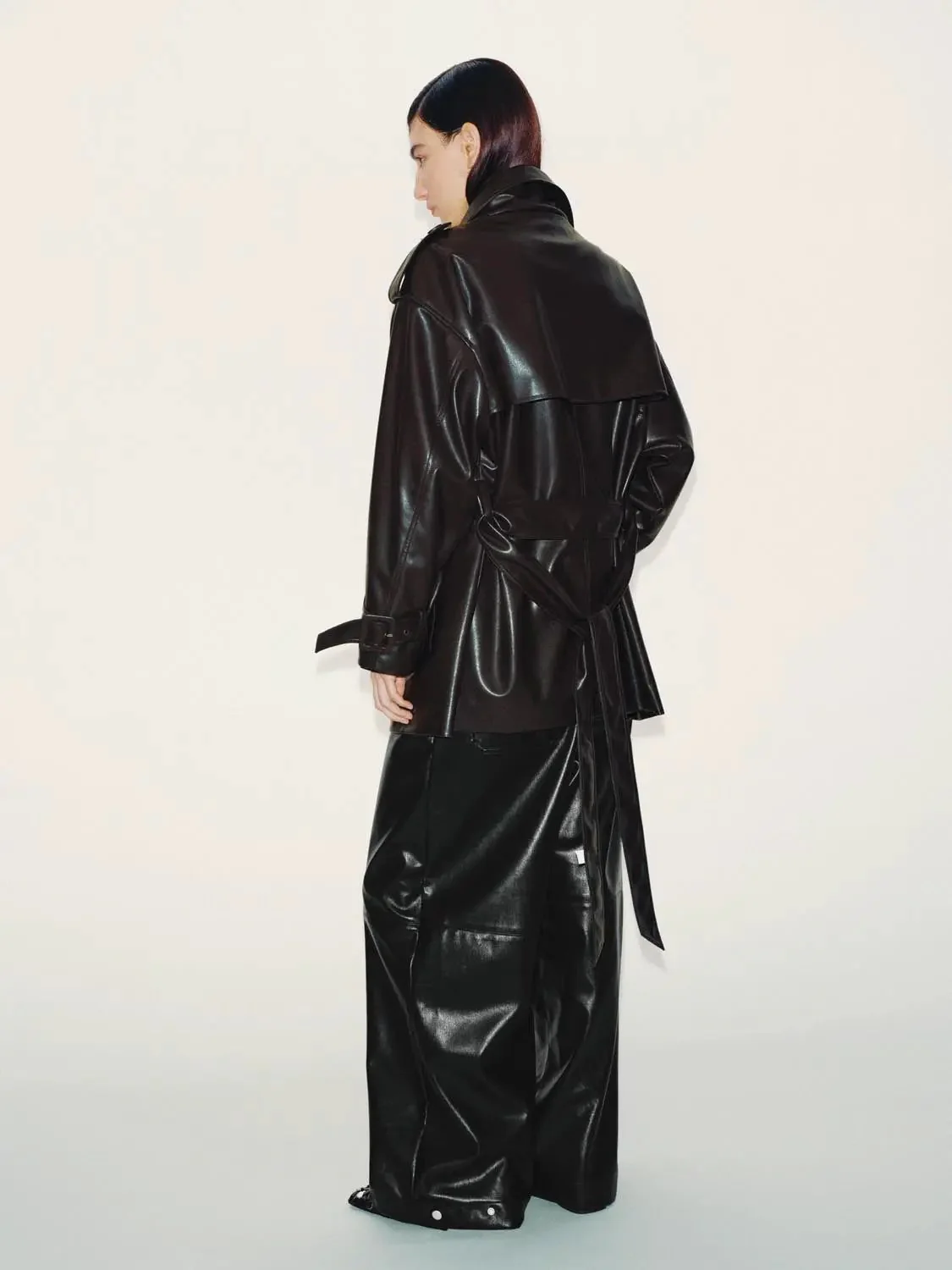 Faux Leather Funnel Neck Belted Trench Coats