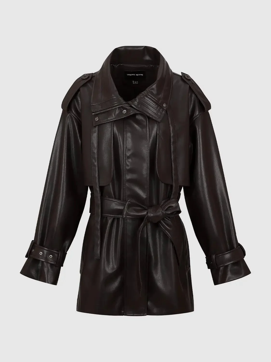 Faux Leather Funnel Neck Belted Trench Coats