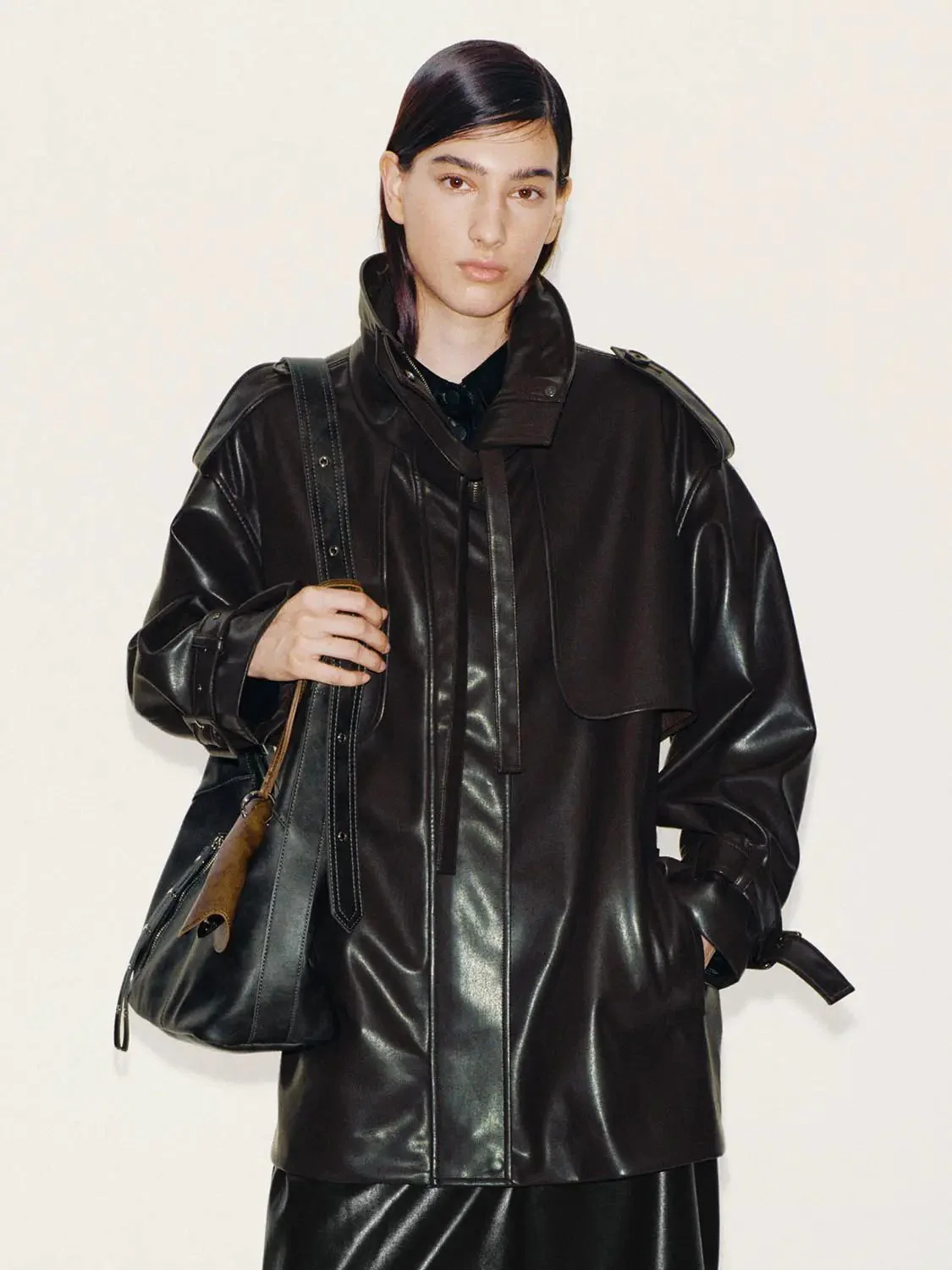 Faux Leather Funnel Neck Belted Trench Coats