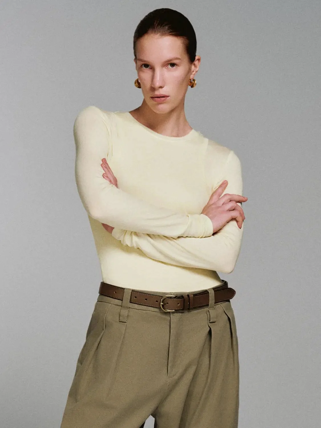 Lyocell Wool Blend Slim Knit Long Sleeve T Shirt