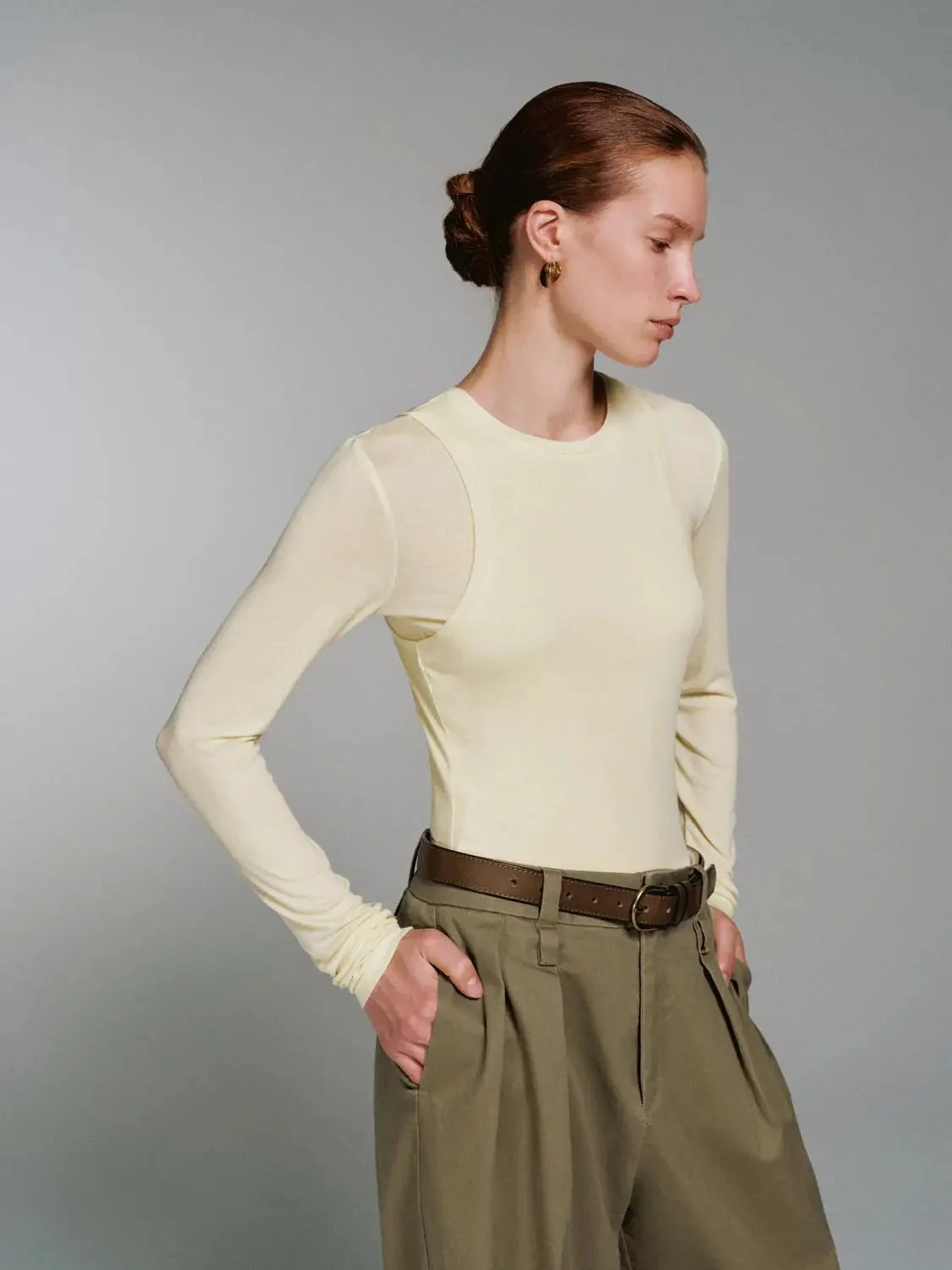 Lyocell Wool Blend Slim Knit Long Sleeve T Shirt