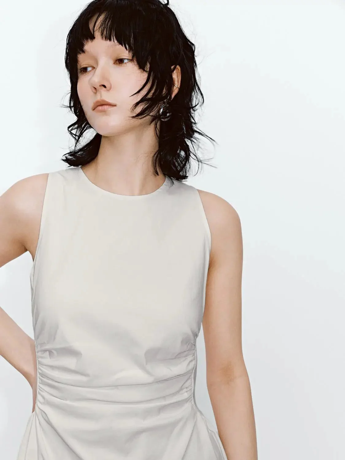 Viscose Blend Ruched Waist Sleeveless A Line Dresses