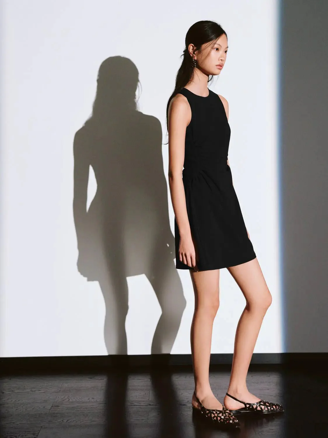 Viscose Blend Ruched Waist Sleeveless A Line Dresses
